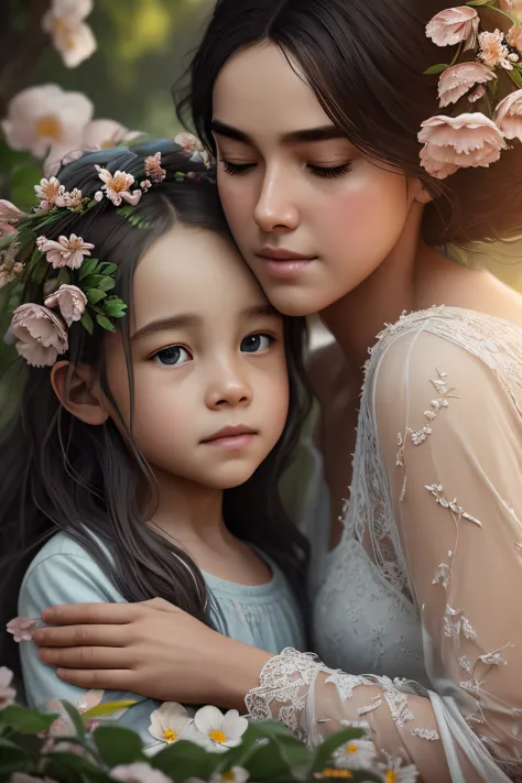 inspiration from nature and create a picture where a older mother and daughter, perfect eyes, are surrounded by blooming flowers...