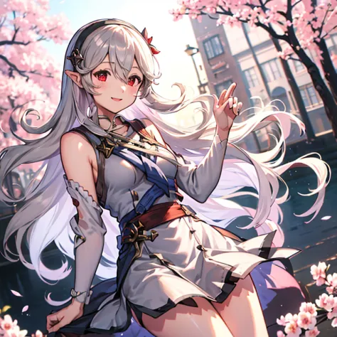 corrin FE、silber hair、red eyes、High School Sailor Uniform、School Uniforms、Red ribbons、thigh、cherry trees、a smile、wave her hand