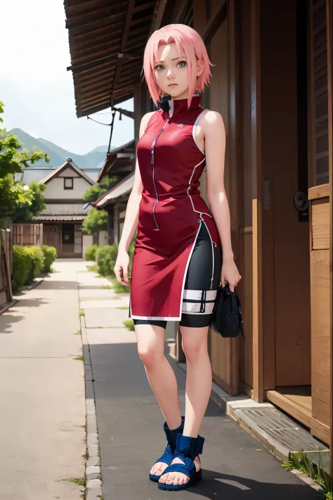 best quality sakura haruno, 1girl, pink hair, short hair, green eyes, red dress half zipper, bike short, standing, konoha villag...