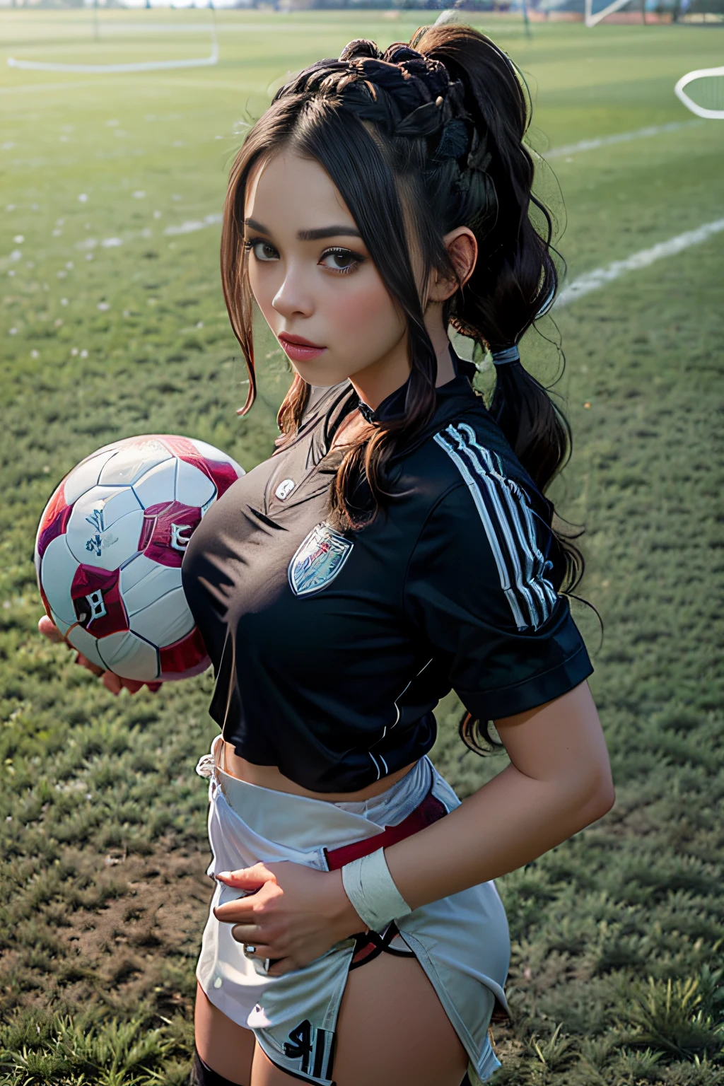 There is a woman that is holding a soccer ball on a field - SeaArt AI