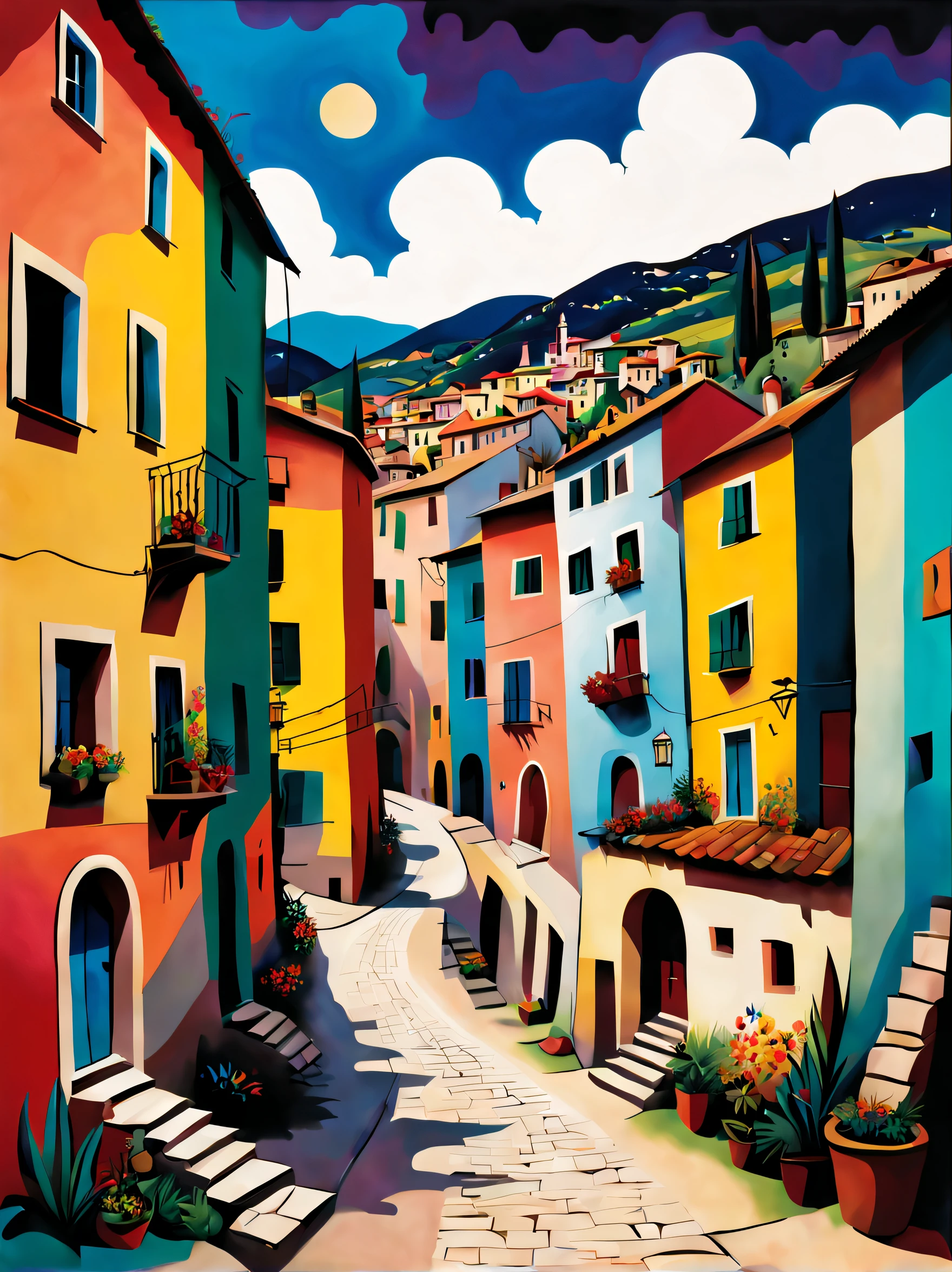 Small Italian village, Kandinsky style, in the Picasso style, iintricate, extremly high detail