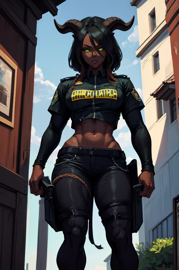 (Masterpiece) (High Detail) (High Res) (Black Skin) Looking from below A young teenage black humanoid girl with dark skin and ebony flesh and green eyes and short black hair and goat ears and short dark goat horns and a toned teen body and average to small breasts dressed in a police uniform with a shirt and pants dressed like an officer of the law