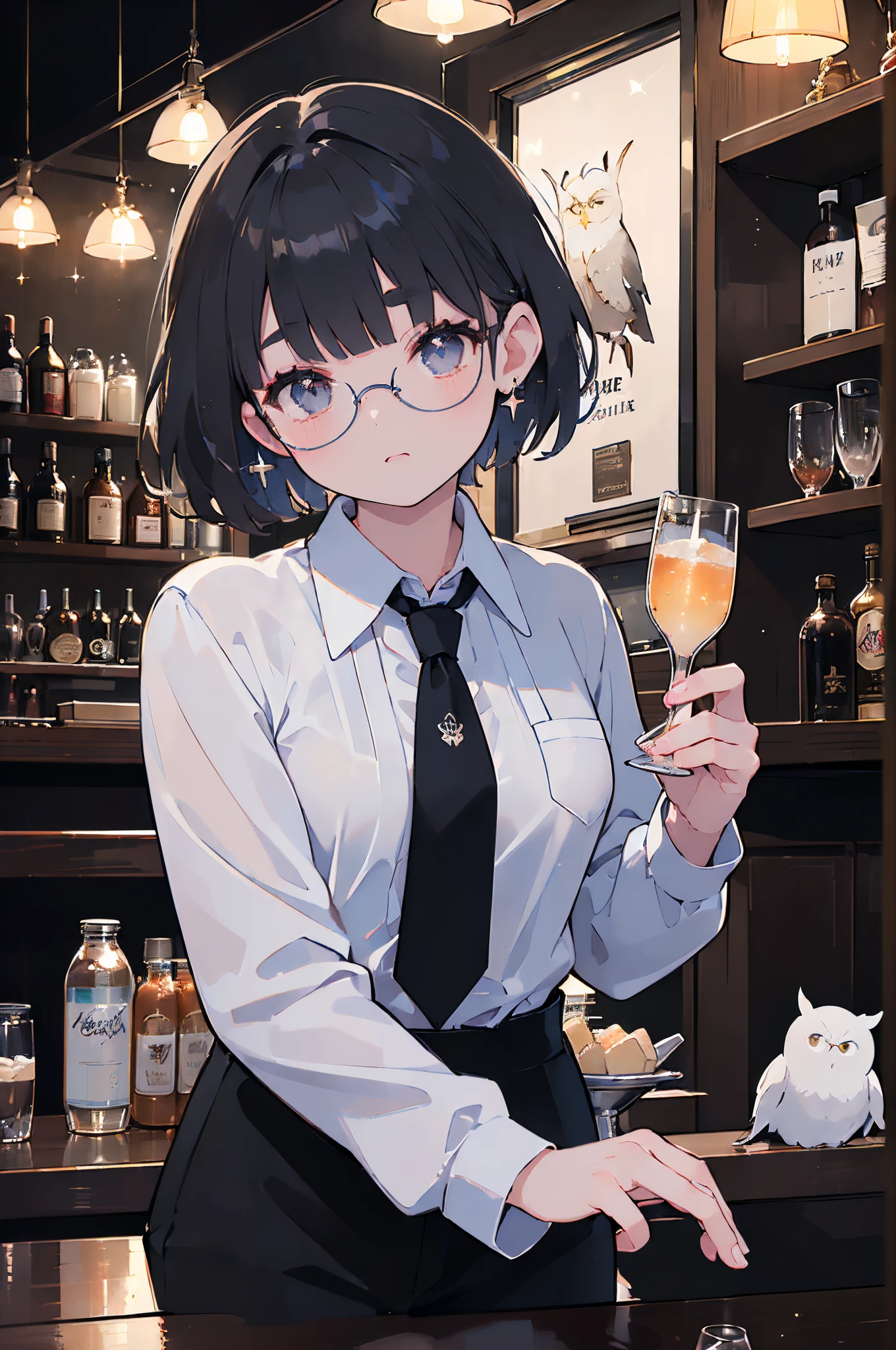 (Best Quality,High resolution,Photorealsitic:1.37),Inside a dimly lit bar,Birdman working at the bar counter,Next to it is a white owl,black suit and design tie,very short bangs,Cool woman with long straight hair,Delicate Makeup,Long upper eyelashes,cool atmosphere for adults,thick eyebrow,Keep your mouth shut,glitter round glasses