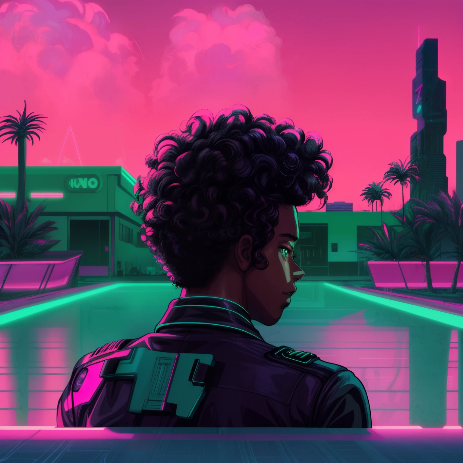 ((Style animé)), jeune homme noir mixte aux cheveux noirs bouclés, (style nft),  retrowave noir, vibrations rétro-ondes, esthétique synthwave, vague de vapeur, Chef-d’œuvre de style Vaporwave, art synthwave, art rétro-onde, masterpiece epic art rétro-onde, inspiré par Mike Winkelmann, ambiance rétro-onde, art synthwave style, art des ondes de vapeur