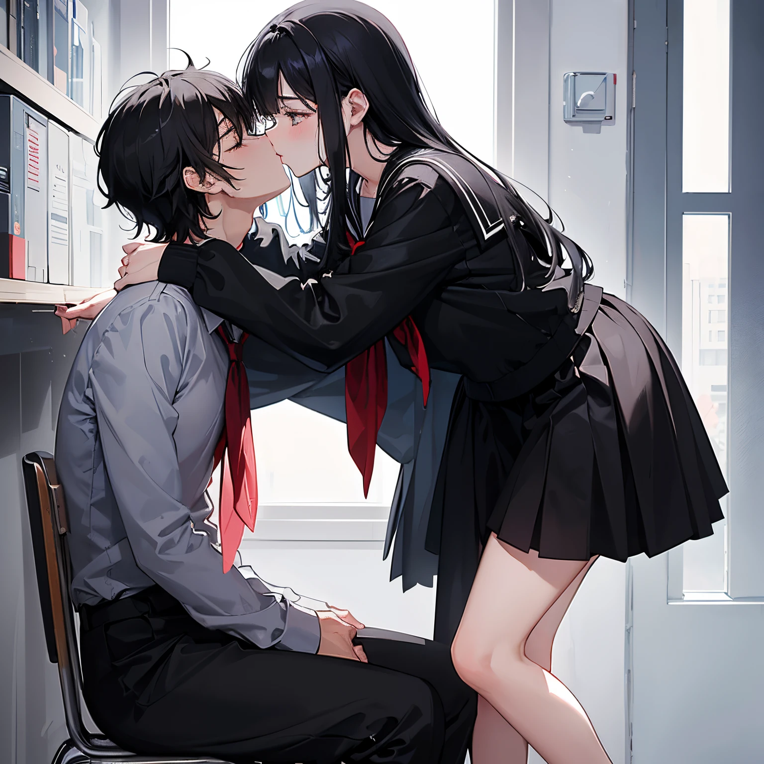 Generate a romantic and tender scene depicting male and female, sharing a passionate kiss. Set the atmosphere with evocative details such as the location, time of day, and any relevant emotions or thoughts running through the characters's minds.("a handsome, tall height, flirty, male  with black and messy,  short hair wearing a white school uniform) sharing kiss with (a beautiful, short height, innocent female with black and semi long hair wearing school uniform) sharing kiss to eachother wearing , sharing kisses, male kisses at female's lips, male is tall and female is short and both are sharing kiss with eyes closed tightly, height difference , he leans down and kisses at her lips