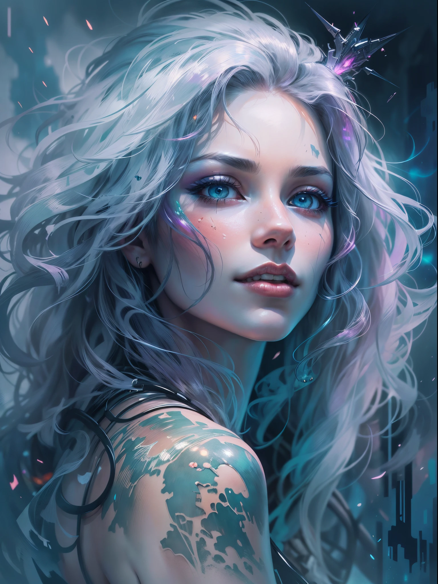 Young beautiful woman, long hair, elegant, too beautiful,  In a mesmerizing watercolor painting, a cyberpunk vampire reigns, portrayed as a figure of ethereal beauty and dark mystique. The artwork captures the graceful yet mysterious essence of this immortal being, with their hairstyle twisted color black and snow- white, flowing in the wind and eyes shining with an otherworldly glow. Delicate strokes of vibrant blues and purples bring life to their metallic cybernetic enhancements, seamlessly blending the futuristic with the fantastical. This extraordinary image was skillfully created with meticulous attention to detail, evoking a sense of wonder and intrigue in the viewer. highly realistic, ruddy skin, beautiful, full lips, smiling, feeling of lightness and joy, hyperrealism, skin very elaborated, direct gaze