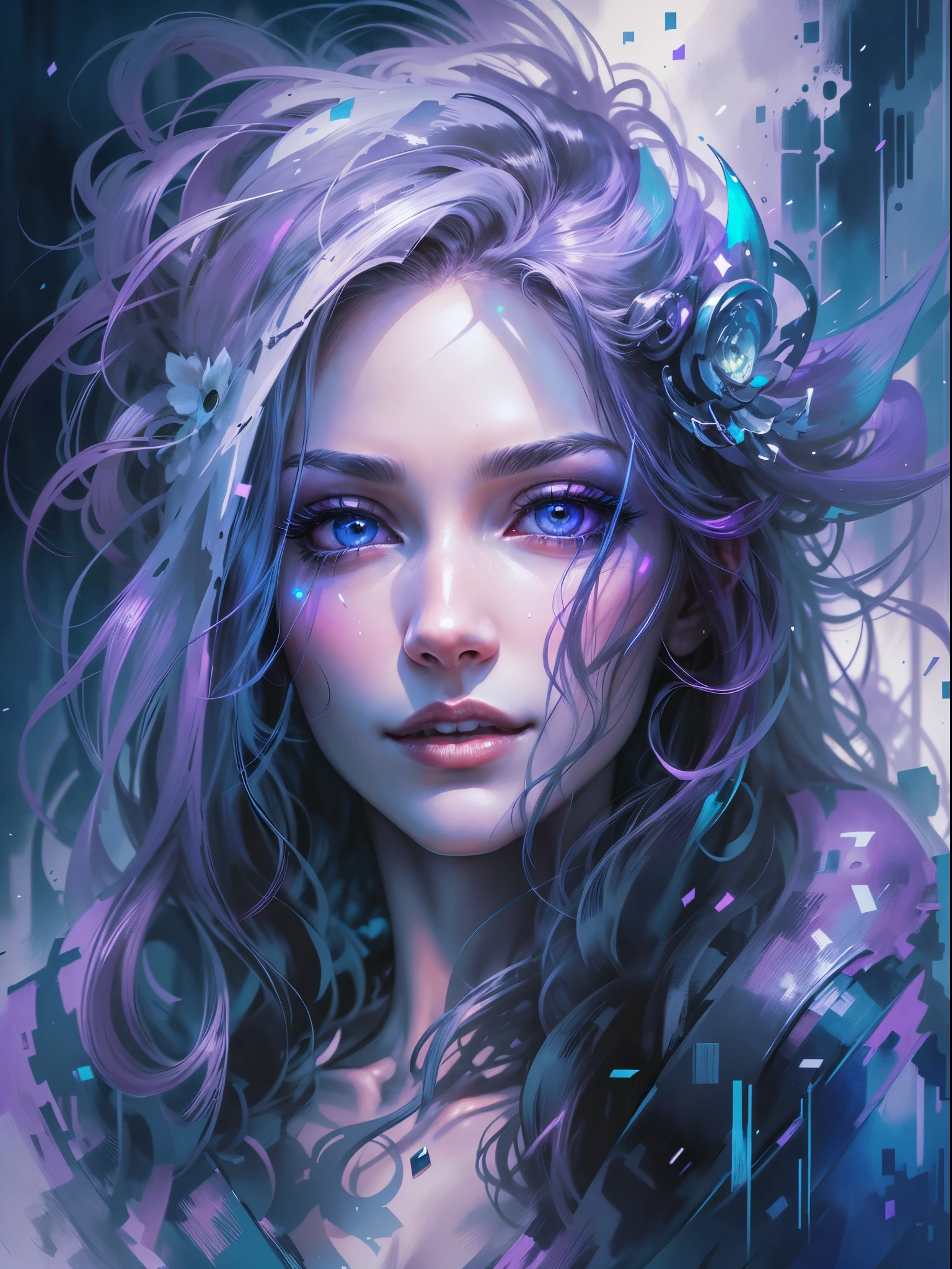 Young hermoso woman, pelo largo, elegant, too hermoso,  En una fascinante pintura de acuarela, reina un vampiro cyberpunk, retratado como una figura de belleza etérea y mística oscura. La obra de arte captura la esencia elegante pero misteriosa de este ser inmortal., con su peinado retorcido color negro y blanco nieve, fluyendo en el viento y los ojos brillando con un brillo de otro mundo. Delicados trazos de vibrantes azules y morados dan vida a sus mejoras cibernéticas metálicas., combinando a la perfección lo futurista con lo fantástico. Esta extraordinaria imagen fue creada hábilmente con meticulosa atención al detalle., evocando una sensación de asombro e intriga en el espectador. muy realista, piel rubicunda, hermoso, labios llenos, sonriente, sentimiento de ligereza y alegría, hyperrealism, piel muy elaborada, mirada directa