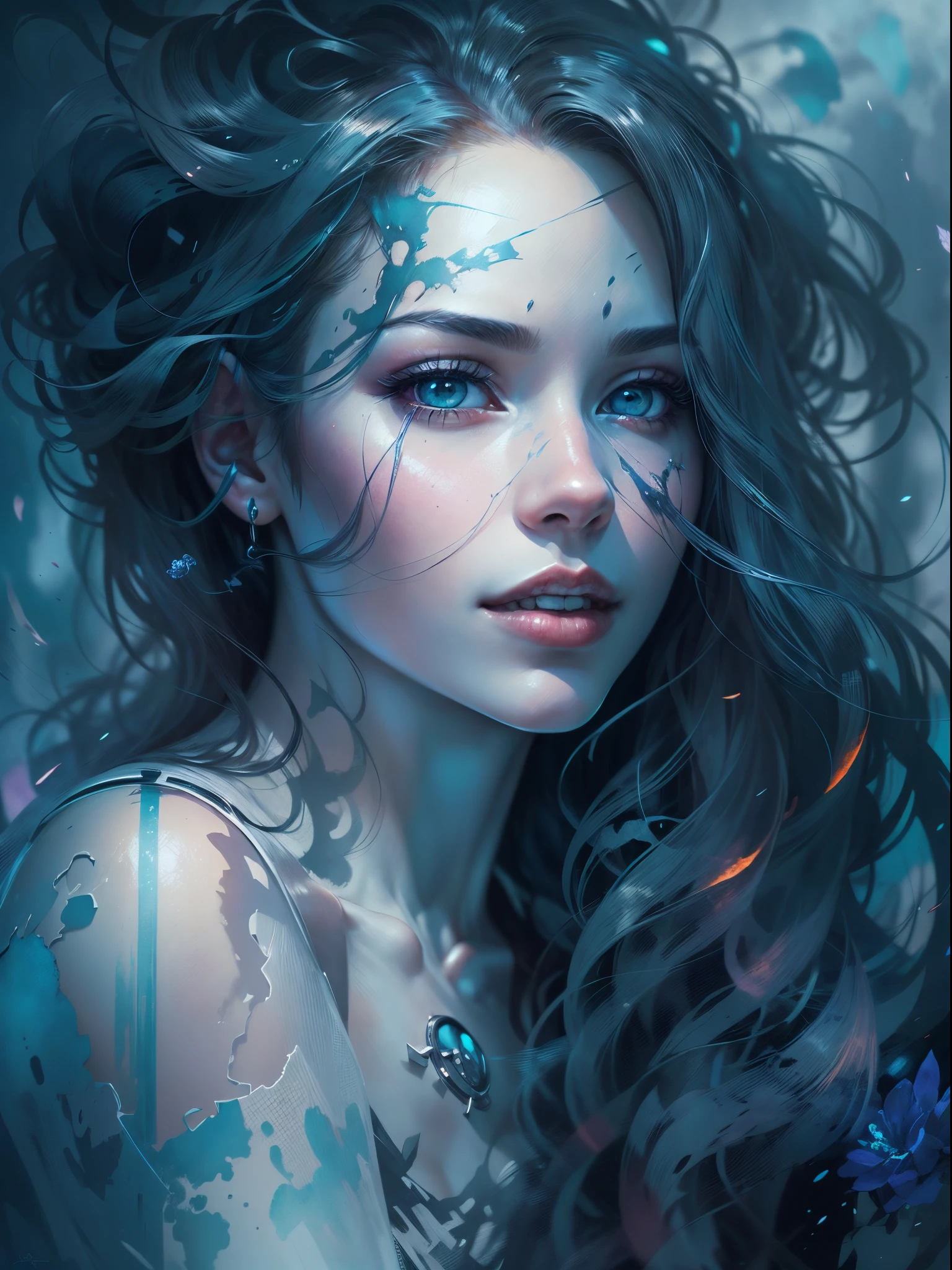 Young beautiful woman, long hair, elegant, too beautiful,  In a mesmerizing watercolor painting, a cyberpunk vampire reigns, portrayed as a figure of ethereal beauty and dark mystique. The artwork captures the graceful yet mysterious essence of this immortal being, with their hairstyle twisted color black and snow- white, flowing in the wind and eyes shining with an otherworldly glow. Delicate strokes of vibrant blues and purples bring life to their metallic cybernetic enhancements, seamlessly blending the futuristic with the fantastical. This extraordinary image was skillfully created with meticulous attention to detail, evoking a sense of wonder and intrigue in the viewer. highly realistic, ruddy skin, beautiful, full lips, smiling, feeling of lightness and joy, hyperrealism, skin very elaborated, direct gaze