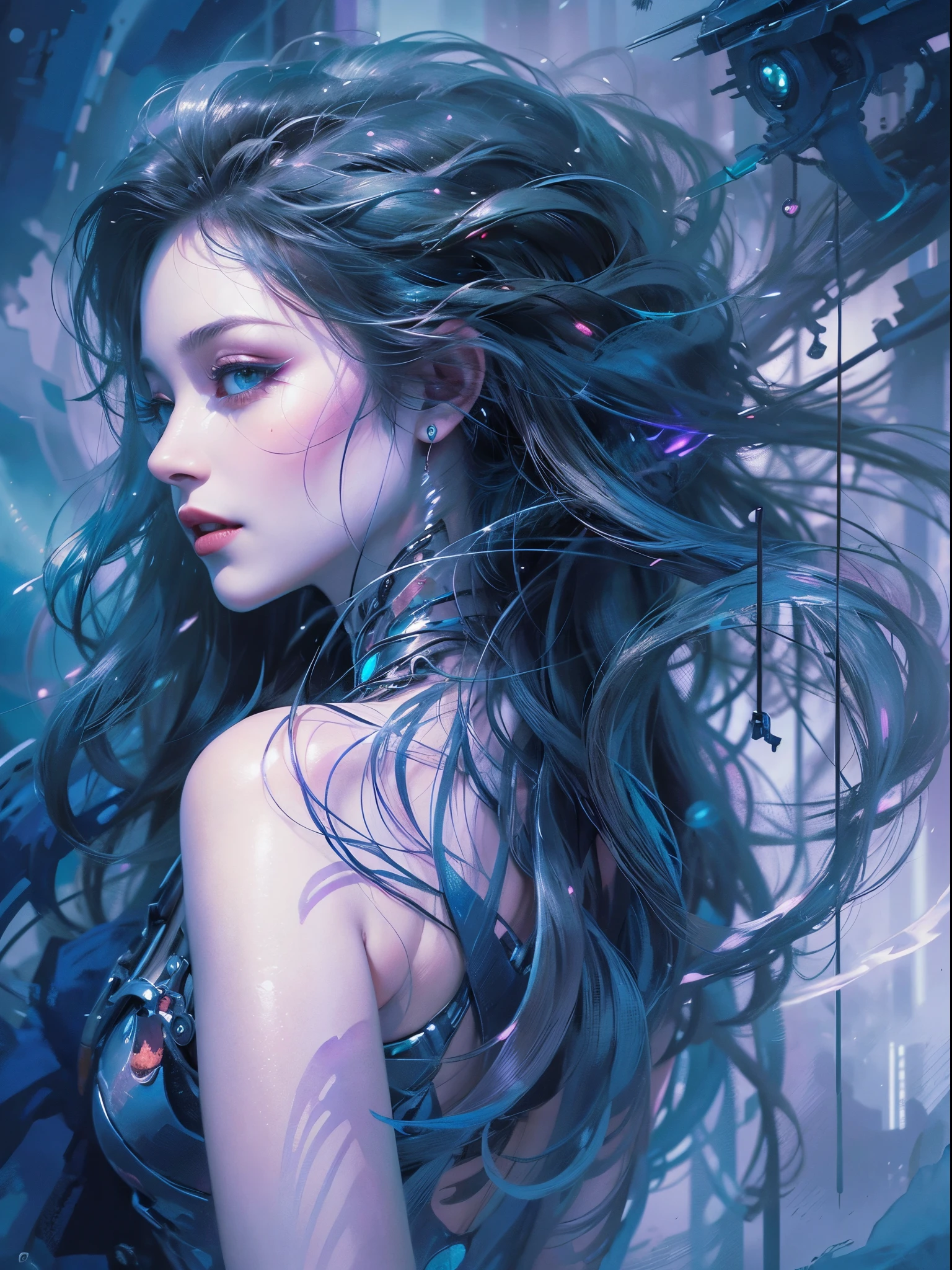 Young beautiful woman, long hair, elegant, too beautiful, In a mesmerizing watercolor painting, a cyberpunk vampire reigns, portrayed as a figure of ethereal beauty and dark mystique. The artwork captures the graceful yet mysterious essence of this immortal being, with their hairstyle twisted color black and snow- white, flowing in the wind and eyes shining with an otherworldly glow. Delicate strokes of vibrant blues and purples bring life to their metallic cybernetic enhancements, seamlessly blending the futuristic with the fantastical. This extraordinary image was skillfully created with meticulous attention to detail, evoking a sense of wonder and intrigue in the viewer. highly realistic, ruddy skin, beautiful, full lips, smiling, feeling of lightness and joy, hyperrealism, skin very elaborated, direct gaze