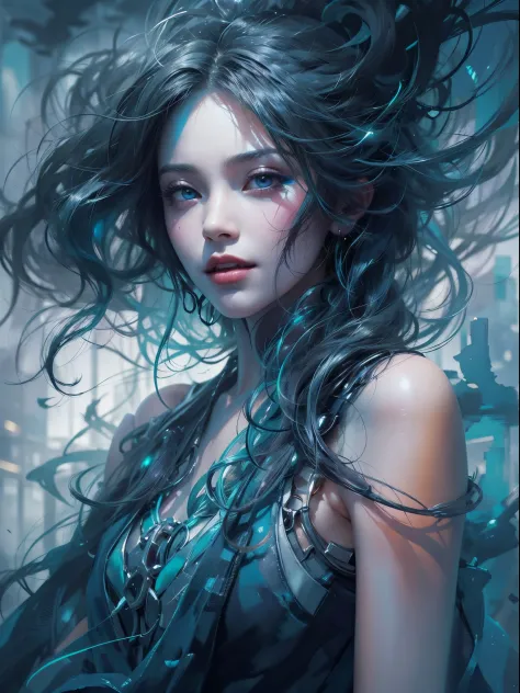 Young beautiful woman, long hair, elegant, too beautiful, In a mesmerizing watercolor painting, a cyberpunk vampire reigns, port...