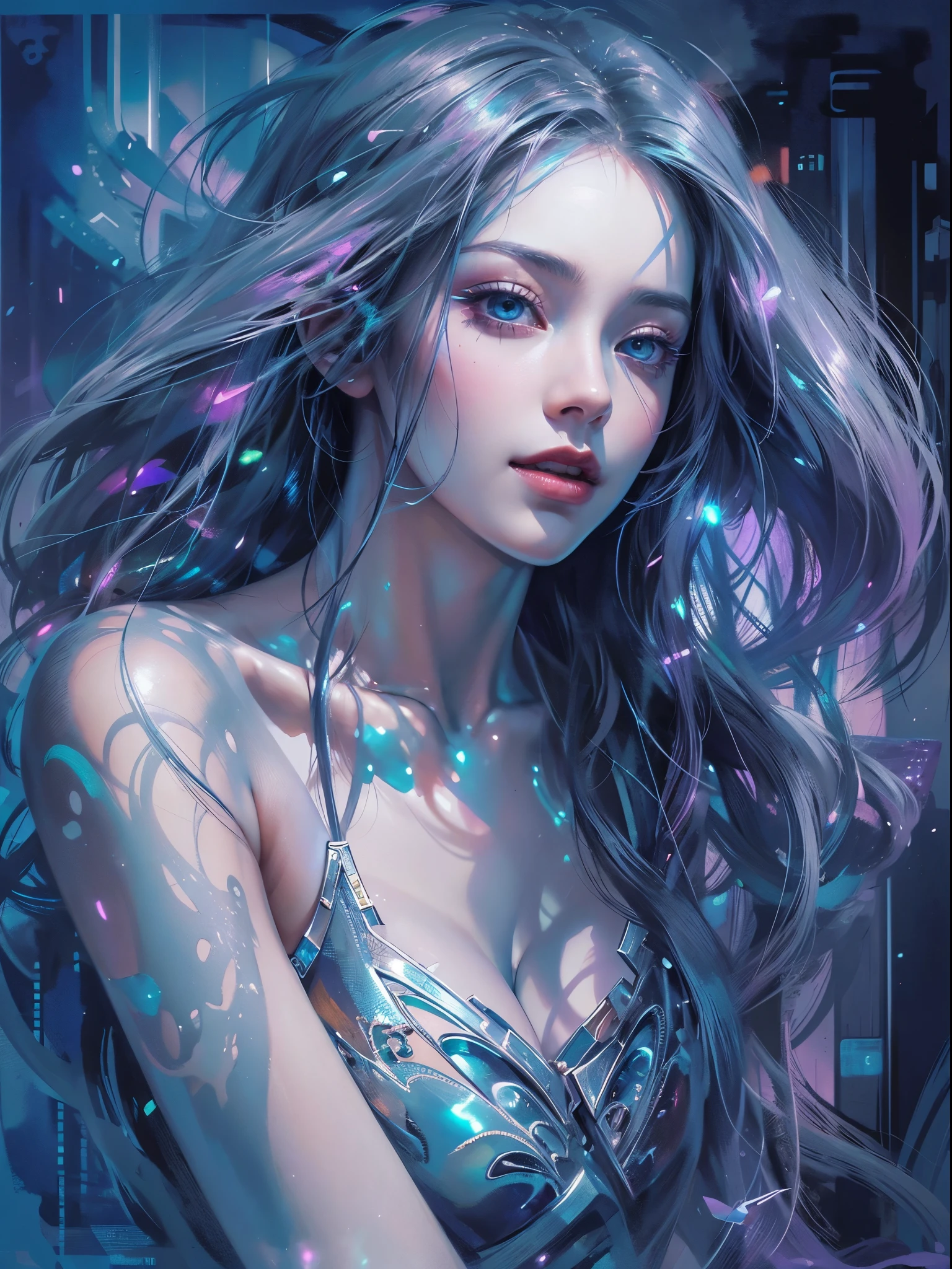 Young beautiful woman, long hair, elegant, too beautiful, In a mesmerizing watercolor painting, a cyberpunk vampire reigns, portrayed as a figure of ethereal beauty and dark mystique. The artwork captures the graceful yet mysterious essence of this immortal being, with their hairstyle twisted color black and snow- white, flowing in the wind and eyes shining with an otherworldly glow. Delicate strokes of vibrant blues and purples bring life to their metallic cybernetic enhancements, seamlessly blending the futuristic with the fantastical. This extraordinary image was skillfully created with meticulous attention to detail, evoking a sense of wonder and intrigue in the viewer. highly realistic, ruddy skin, beautiful, full lips, smiling, feeling of lightness and joy, hyperrealism, skin very elaborated, direct gaze