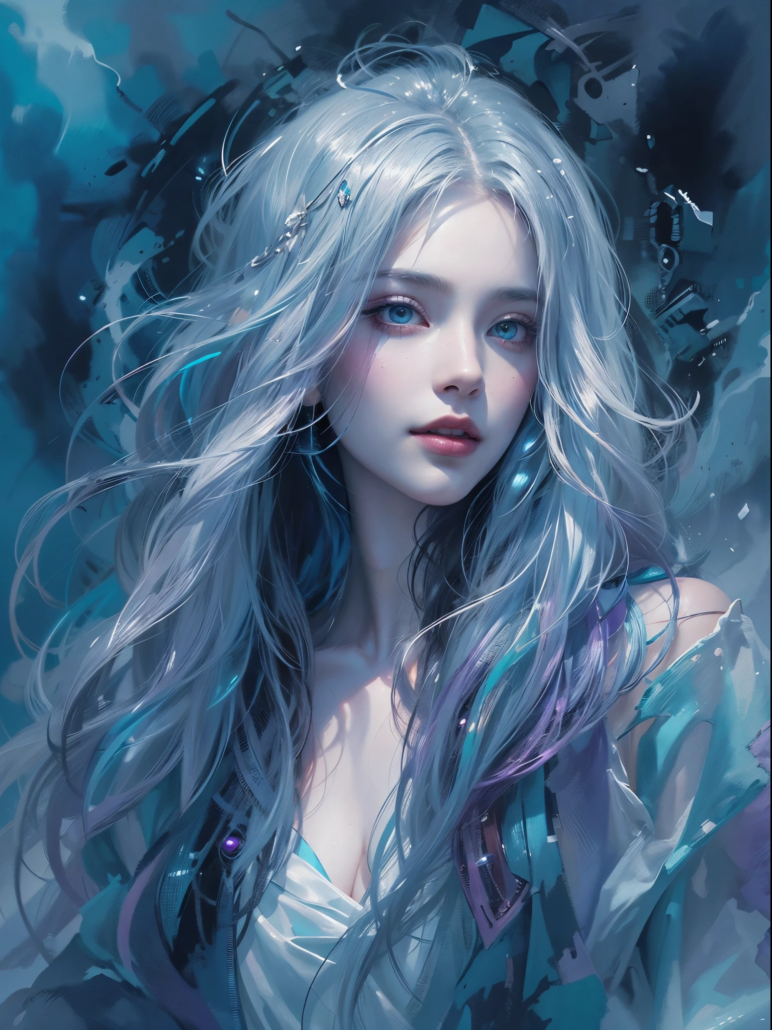 Young lindo woman, cabelo longo, elegante, too lindo, Em uma hipnotizante pintura em aquarela, um vampiro cyberpunk reina, retratado como uma figura de beleza etérea e mística sombria. A obra de arte captura a essência graciosa e misteriosa deste ser imortal, com seu penteado trançado em preto e branco como a neve, fluindo ao vento e olhos brilhando com um brilho sobrenatural. Traços delicados de azuis e roxos vibrantes dão vida aos seus aprimoramentos cibernéticos metálicos, misturando perfeitamente o futurista com o fantástico. Esta imagem extraordinária foi habilmente criada com atenção meticulosa aos detalhes, evocando uma sensação de admiração e intriga no espectador. altamente realista, pele avermelhada, lindo, lábios carnudos, sorridente, sensação de leveza e alegria, Hiperrealismo, pele muito elaborada, olhar direto