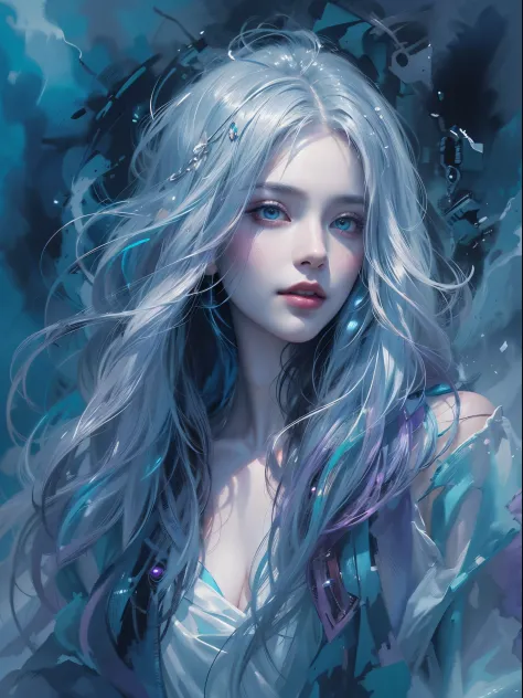 Young beautiful woman, long hair, elegant, too beautiful, In a mesmerizing watercolor painting, a cyberpunk vampire reigns, port...