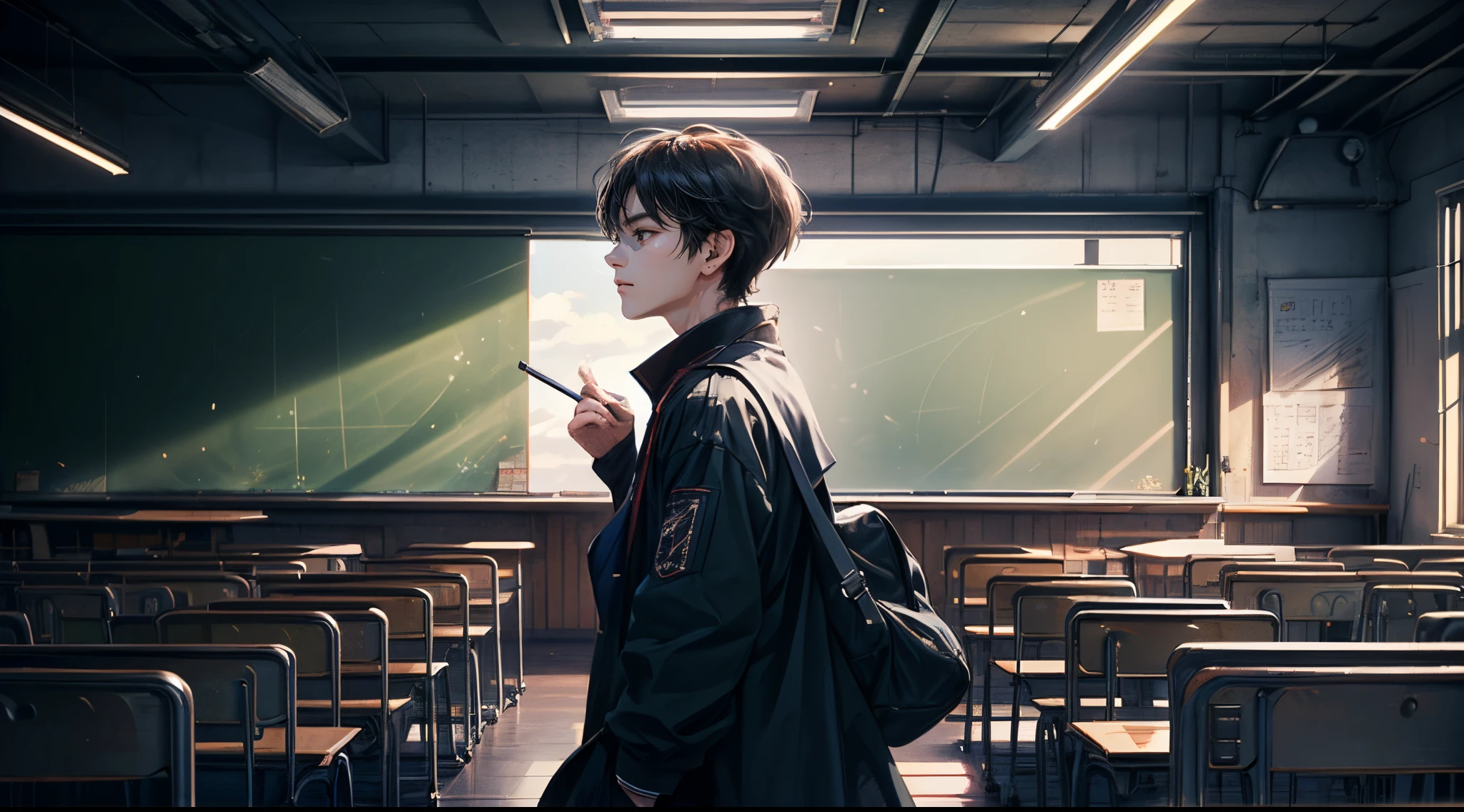 ((4K works))、masterpiece、(top-quality)、exam、school、‎Classroom、teacher、profesional photo、((Shoot alone))、((Shot diagonally from the side))、((Shoot near him))、((He walked next to the audience))、((Focus zooms in))