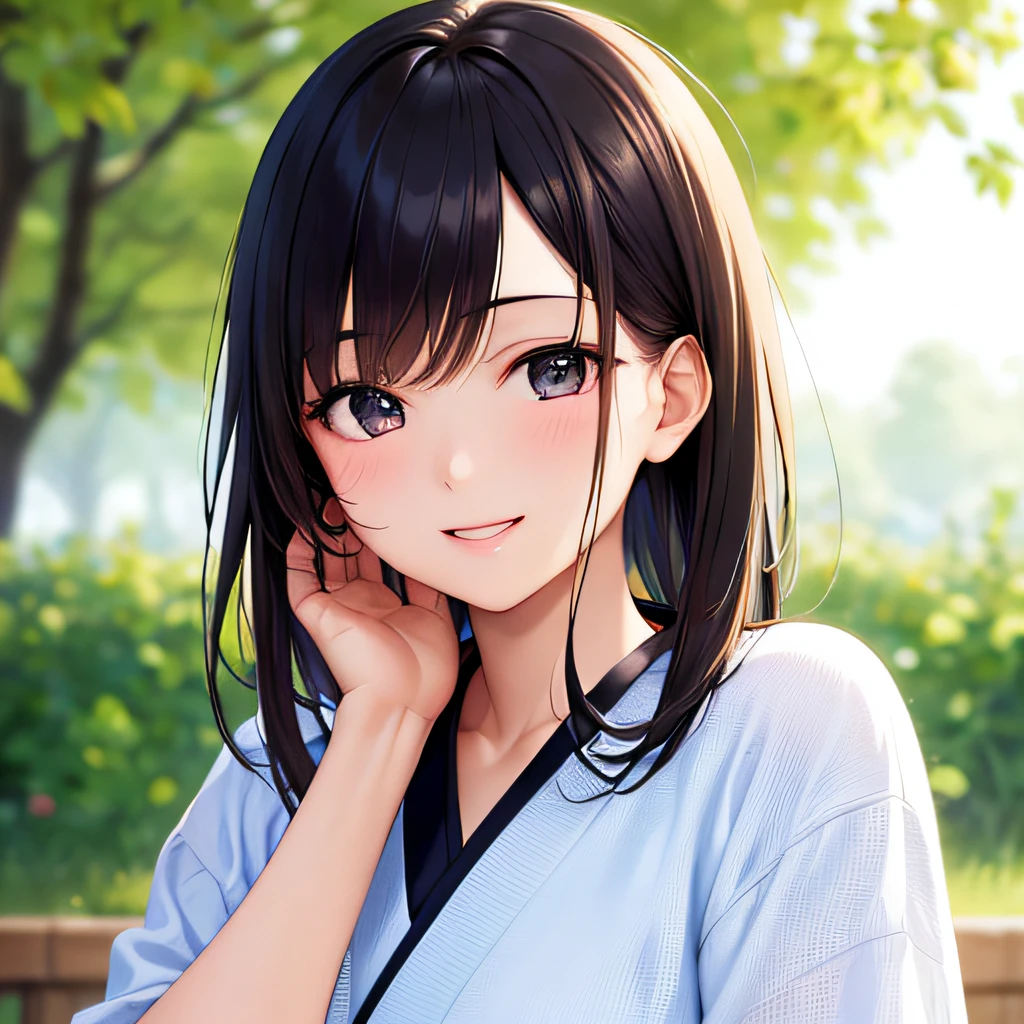 photographrealistic, (masutepiece,Best Quality:1.4),(8K,Raw photo,photographrealistic:1.2), Detailed skin,Detailed face,1girl in,Japanese Idol,Cute face, Black hair,slender, shiny eyes, Smile,  BREAK (Side view:0.6), Cute clothes