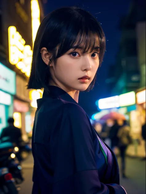 (Backlighting,Black hair),Beautiful woman in uniform in the bustling streets of Gintama, Surrounded by vendors, Beautiful portrait of a stunning goddess girl, beautifull detailed face, Porcelain Skin, Half body shot, Centered,((Moonlight,Night,Big neon,Str...