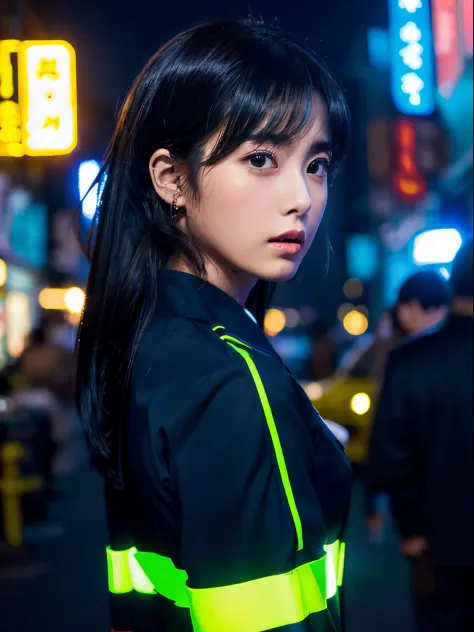 (Backlighting,Black hair),Beautiful woman in uniform in the bustling streets of Gintama, Surrounded by vendors, Beautiful portrait of a stunning goddess girl, beautifull detailed face, Porcelain Skin, Half body shot, Centered,((Moonlight,Night,Big neon,Str...