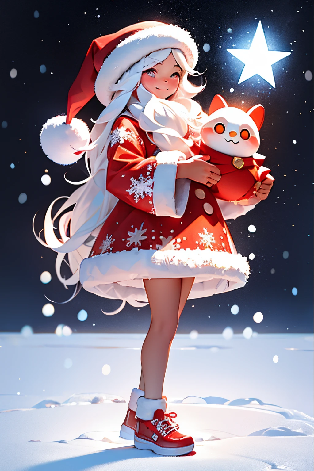 Santa Claus happily holding the present、Cute girl Santa Claus、There are stars in the eyes(Floor plan about the)、Eyes up、giggles、Red shoes are cute、the ultra-detailed、radiant light、Bio-luminescence、snow landscape、It's snowing、Draw a big snowflake in the foreground、Strong bokeh