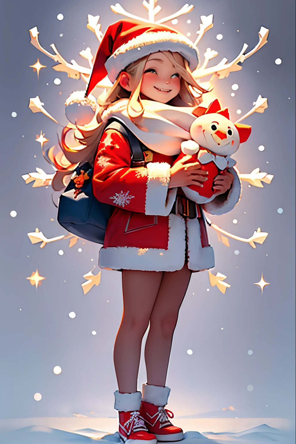 Santa Claus happily holding the present、Cute girl Santa Claus、There are stars in the eyes(Floor plan about the)、Eyes up、giggles、Red shoes are cute、the ultra-detailed、radiant light、Bio-luminescence、snow landscape、It's snowing、Draw a big snowflake in the foreground、Strong bokeh