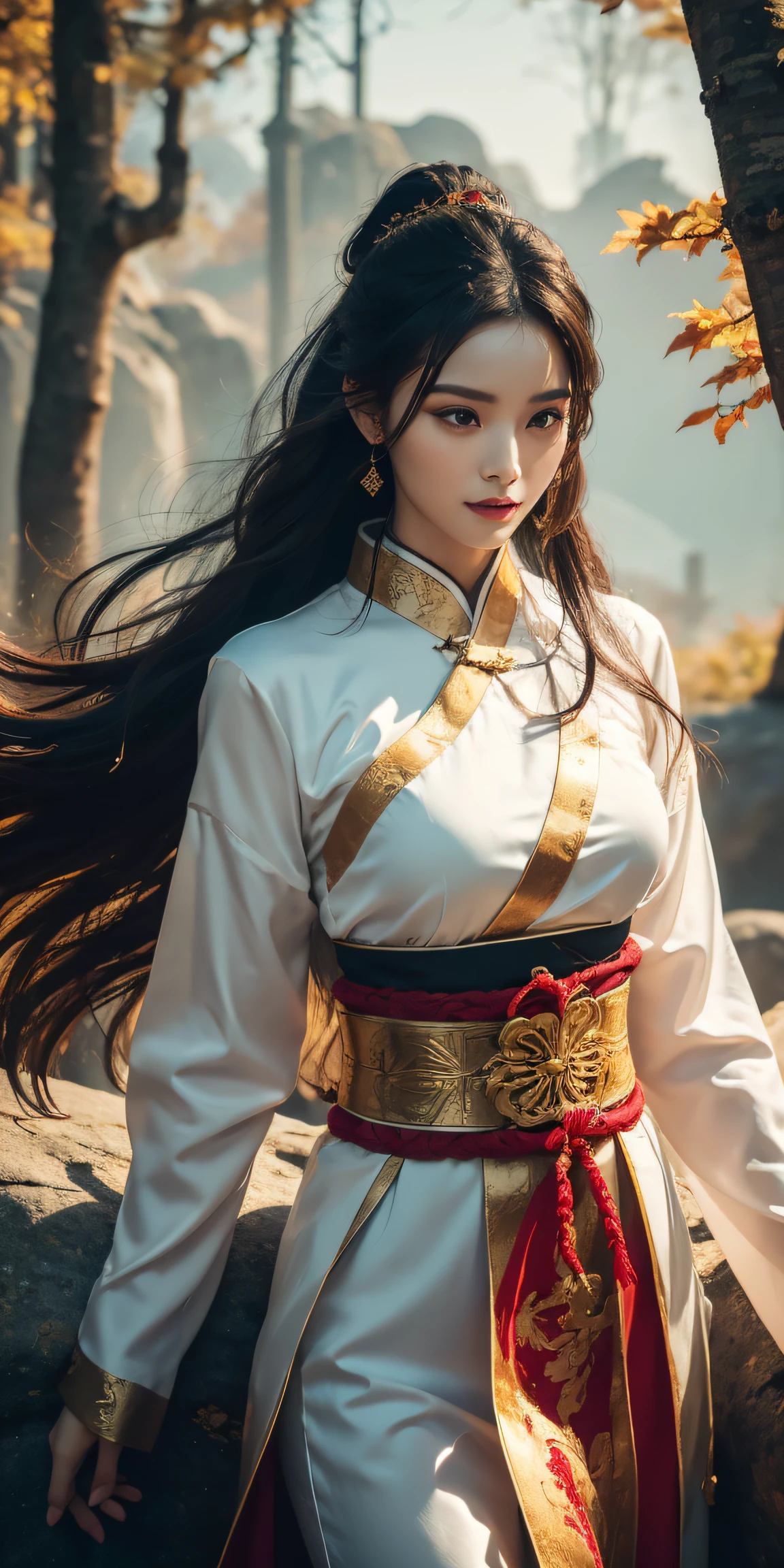 Beautiful Woman, Chinese martial arts, martial arts expert woman, 26 year old adult, Slim Body, Medium chest, height 170cm, tall sexy woman, traditional chinese dress, fabric high quality silk, Fabric ultra high quality, There is a lot of light reflection., it&#39;Long dress with white collar and red lining.., Gorgeous phoenix embroidery with gold thread, golden decoration on black belt, Long hair, Black hair, beautifull face, Heavy makeup, dark lipstick, Cold and scary eyes with blue light flowing through them, sharp eyes, Looking at the viewer. Beautiful smile, Elegant hair blowing in the wind, very weak waves, deep blue autumn sky, portrait pose, Sedentary Woman, View from head to waist, Chinese woman resting on a rock in the forest, UHD, ccurate, Masterpiece, Anatomically accurate., textured skin, super detaill, high detailed, High Quality, Best Quality, high resolucion, 4k