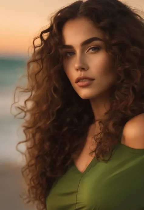 A woman with curly hair sitting on the beach at sunset - SeaArt AI