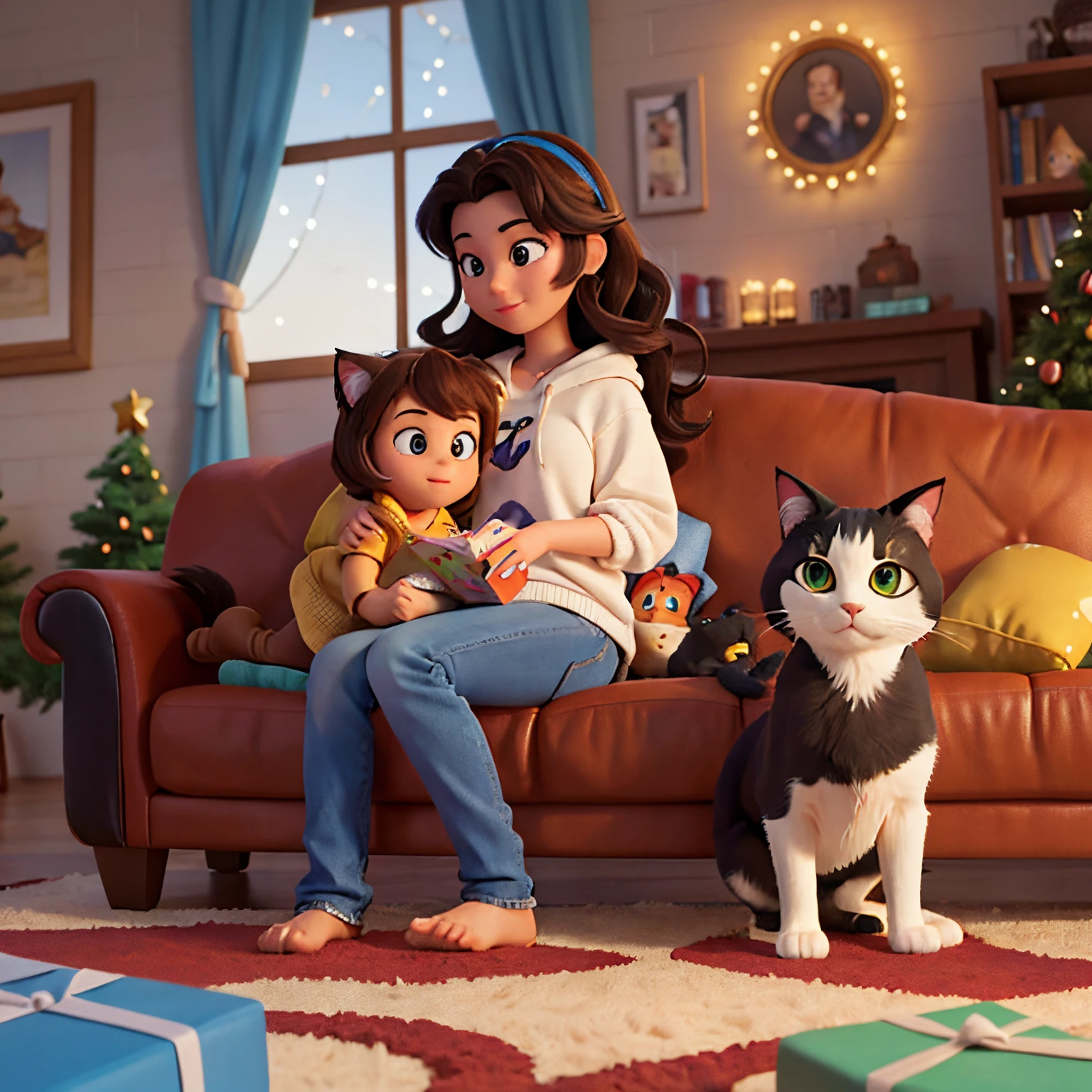 Disney Pixar post Card style, Disney Pixar. One couple, siting on a couch, masculine and feminine. The man has dark hair, very short curly hair, brown eyes, blue hoddie, black beard. The woman has very long hair, brown-haired, brown-eyed. They are on a couch. On the background is a christmas tree with christmas lights. On the couch are three cats: one completly black, another cat os white with black spots around the body and has a very fluffy tail and the other cat e greyish with stripes.