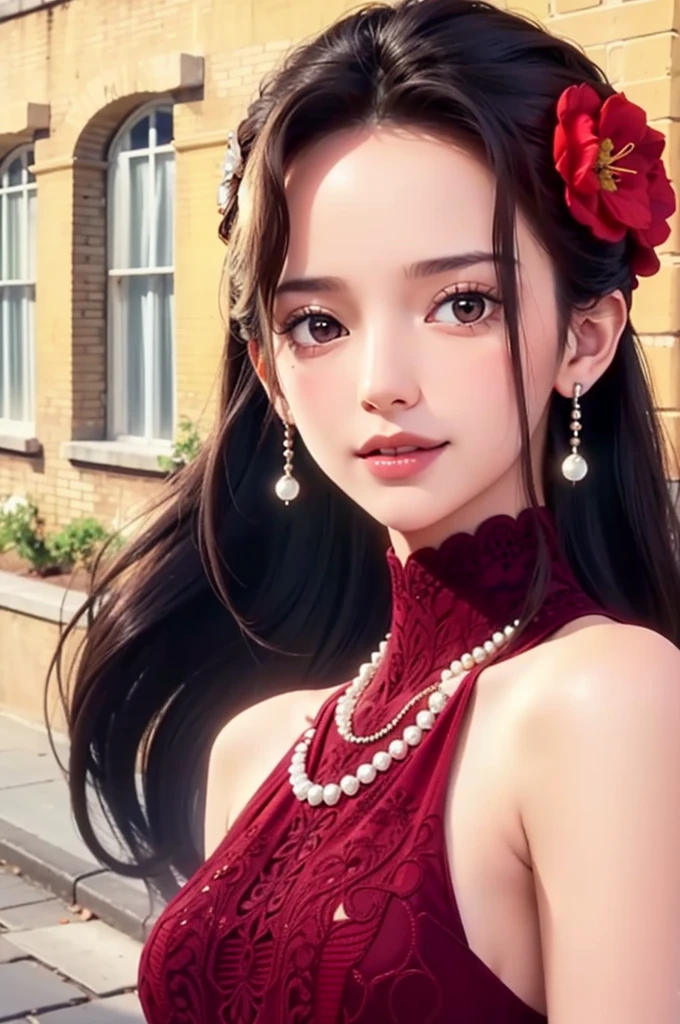 ultra realistic 8k cg, masterpiece, ((ultra detailed background, delicate pattern, intricate detail)), (highly detailed, fine details), best quality, (photorealistic:1.4),beautiful lighting,  absurdres, RAW photo, film grain, Viola, 1girl, black hair, smile, long hair, solo, flower, jewelry, earrings, hair ornament, hair flower, brown eyes, dress, smile, brown hair, necklace, bare shoulders, beautiful detailed lips, (((medium breasts))), (complex detailed background, outside, old city, brick buildings, small town environment, nature, close-up, portrait),