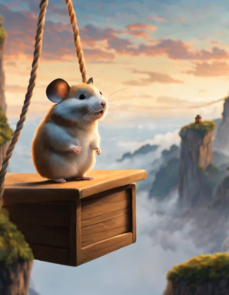 scenography，Very unified CG design，（Cute hamster hanging on a wooden airplane by a long rope），Background with：Between two mist-s...