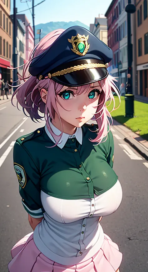 very cute girl, massive sized boobs,half naked ,ultra realistic eyes, police dress,short police skirt, police cap on her head,st...