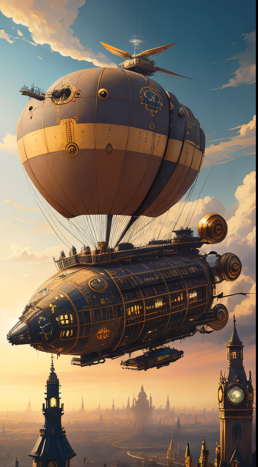 蒸汽朋克。蒸氣龐克風格的飛艇。飛越維多利亞時代的城市。动态角度。空中透視。