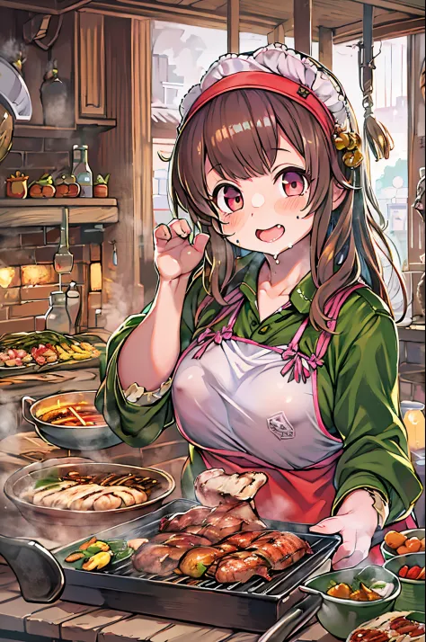 WRC style, Woman, lewd pose, The appearance of a seductive appearance, Apron, kitchin, medieval setting、bbw、grill yakiniku、Grill...