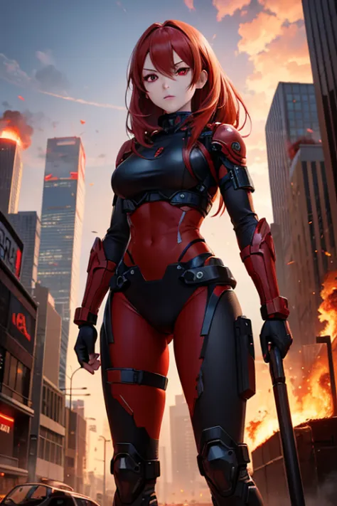 A  red haired female cyborg with red eyes is standing in a burning city.