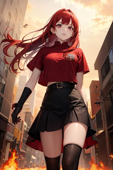 A red haired female cyborg with red eyes is standing in a burning city.