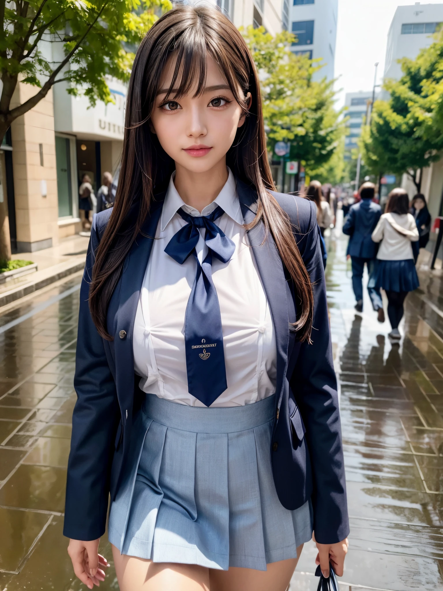 8K,Best Quality, masutepiece, ultra-detailliert, 超A high resolution, Photorealistic, Raw photo, absurderes, absolutely resolution, 1girl in, Solo,Upper body, Looking at Viewer,a Japanese young pretty girl, Japanese Idol,hyper cute face, Glamorous figure, huge-breasted, cleavage, Long bob hair ,Smile,(School uniform:1.3), Walking around town on a rainy day, My body and hair are wet, Glossy lips, Double eyelids in both eyes, Natural makeup, long eyelashes, Glossy smooth light brown long bob hair, asymmetrical bangs, Shiny skin, central image, High resolution, high detailing, detailed hairstyle, Detailed face, spectacular movie lighting, Octane Rendering, Vibrant, Hyper realistic, Perfect limbs, Perfect Anatomy