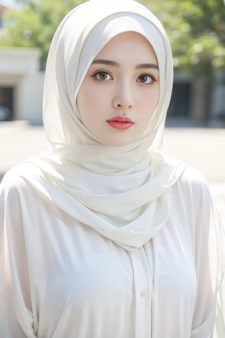 (Best quality, masterpiece, nikon RAW photo, 8k, Fujifilm), photorealistic, woman, 1girl, mature female, (hijab, white hijab:1.2) , casual colorful outfit, medium breast, professional lighting, dramatic lighting, medium close shot, (serious expression), emotionless, looking to viewer, outdoor, depth of field,