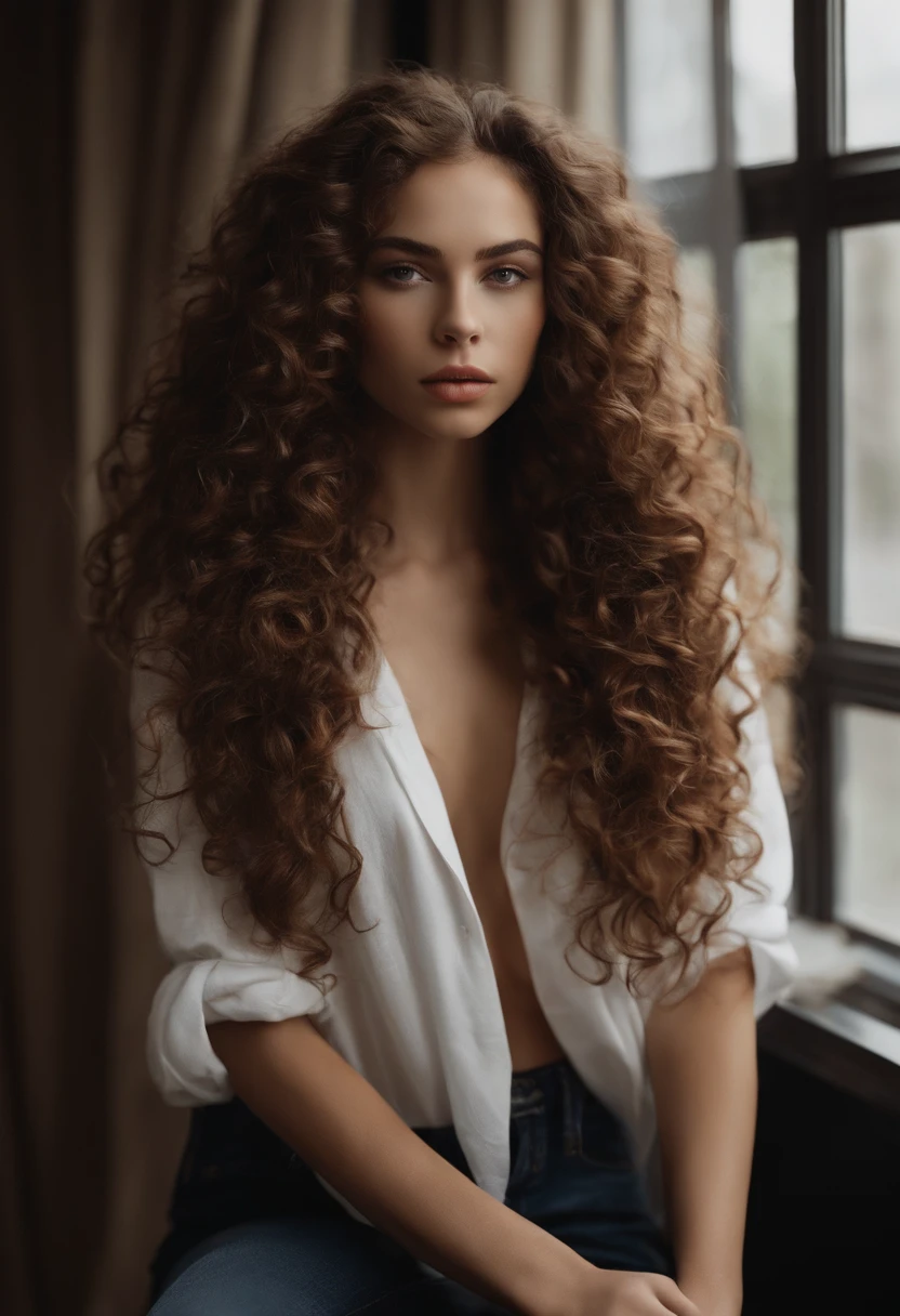 A woman with long curly hair sitting on a window sill - SeaArt AI