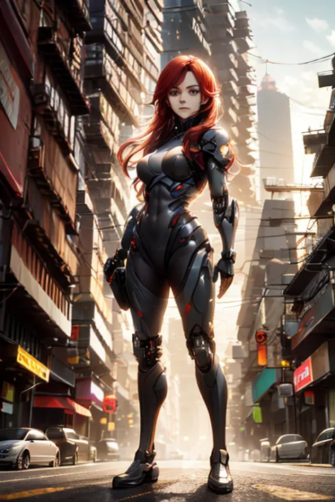 A red haired female cyborg with red eyes is standing in a burning city in a full suit