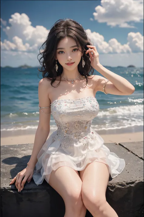 ((knee shot))), ((Front Shooting)), ((actual)), 1个Giant Breast Girl, Posing for photos, Outdoor activities, Seafront, mostly cloudy sky, Sit Pose, sitting on a stool, pretty legs,looking at viewert, detailed scene, curlies, Air bangs, beautiful hair orname...