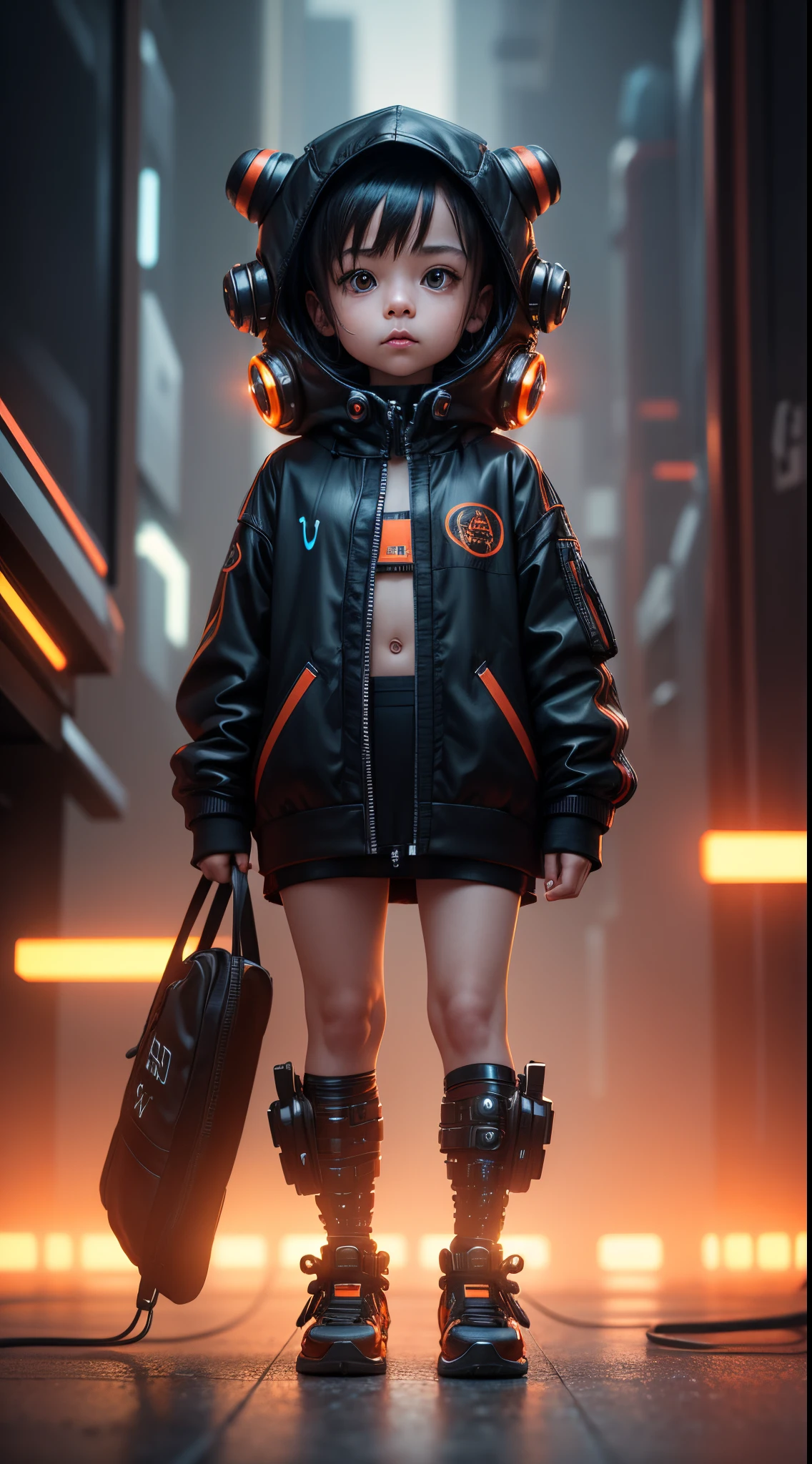 Extraordinary wide portrait of microscopic unknown little small 可愛的 cyberpunk alien species over orange tech style of high tech fashion professional photography, 8K, 可愛的