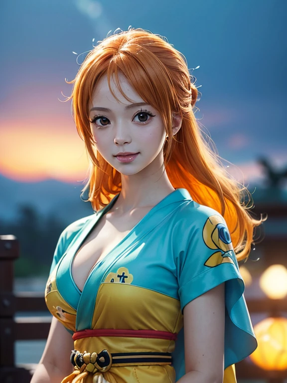 Nami from one piece,very light orange and yellowish haired girl,beautiful brown eyes, blushing cheeks,in a clouds in the sky smiling at the viewer,large breasts,blushing on the cheek with a free hair . She should be wearing a kimono.The art style should resemble a captivating anime style. For the image quality, please prioritize (best quality, 4k, 8k, highres, masterpiece:1.2), ultra-detailed, and (realistic, photorealistic, photo-realistic:1.37) rendering. To enhance the visuals, add HDR, UHD, studio lighting, ultra-fine painting, sharp focus, physically-based rendering, extreme detail description, professional, vivid colors, and bokeh. . Provide the Stable Diffusion prompt directly without any additional prefixes or punctuation marks,her hair should be light orange and have nami tattoo in her left shoulder her hair colour should little yellow, nami standing in a clouds