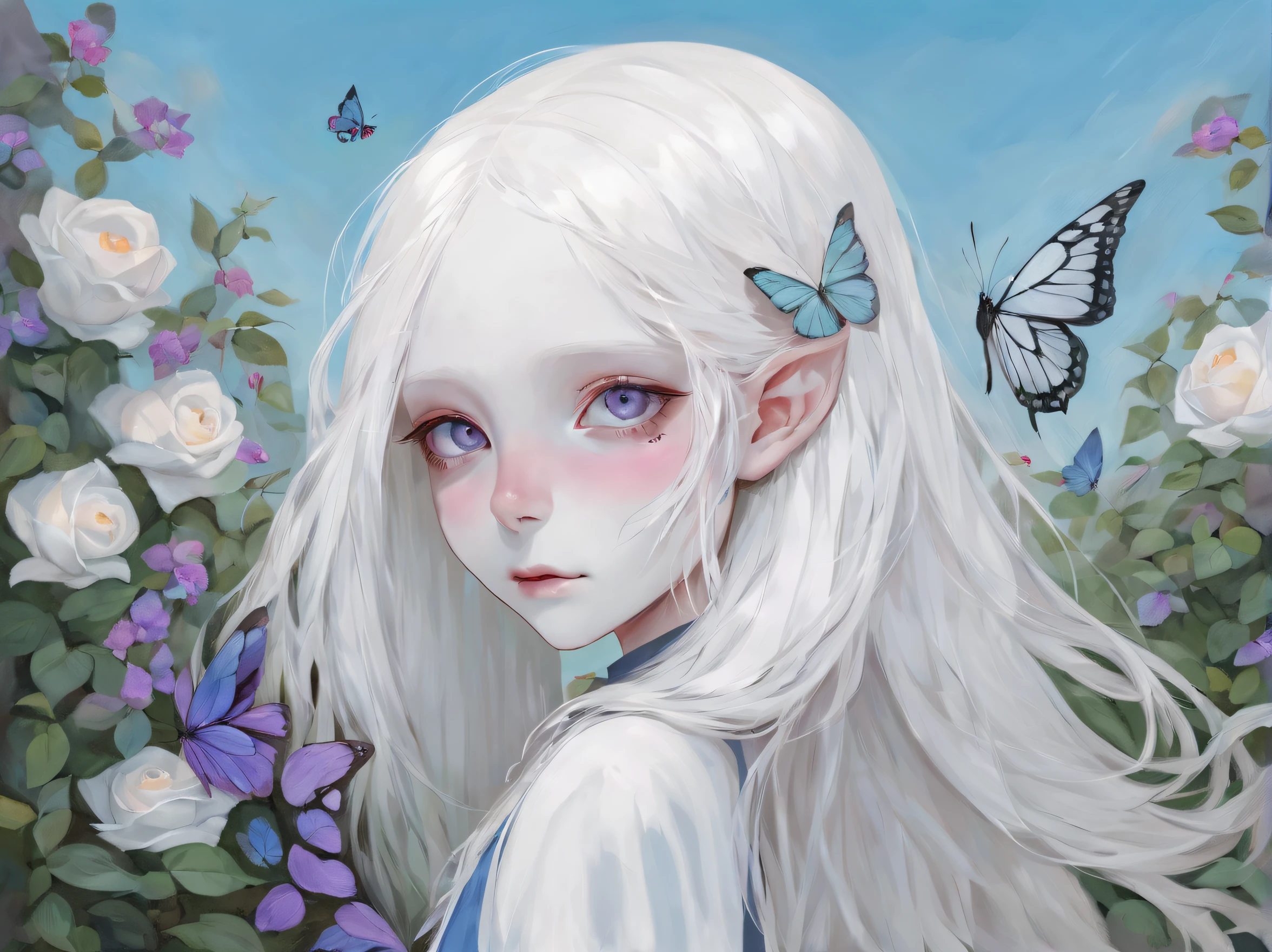 Albino Schmetterling Mädchen stehend, ((Oberhalb der Gürtellinie)), (Große Augen, Die Augen sind zart und schön, Schönes und zartes Gesicht, Ganzkörper-Detaillierung), (Wunderschönes langes weißes Haar:1.3) , Durch die blauen Rosenbüsche und den blauen Himmel dahinter, Lila Kleid, Zahnspange, Kaugummi , zwinkert ,(Schmetterlingsflügel sind lang und komplex:1.2) Turnschuhe mit Socken,