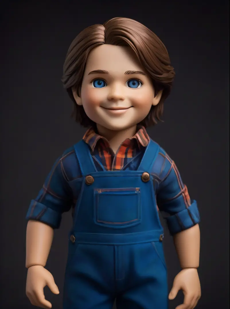 Drawing of a Good Guy doll, inspired by the doll, is a ventriloquist doll with a . plaid t-shirt and jumpsuit His chuky hair is so brown, His blue eyes shine, image in very high quality.