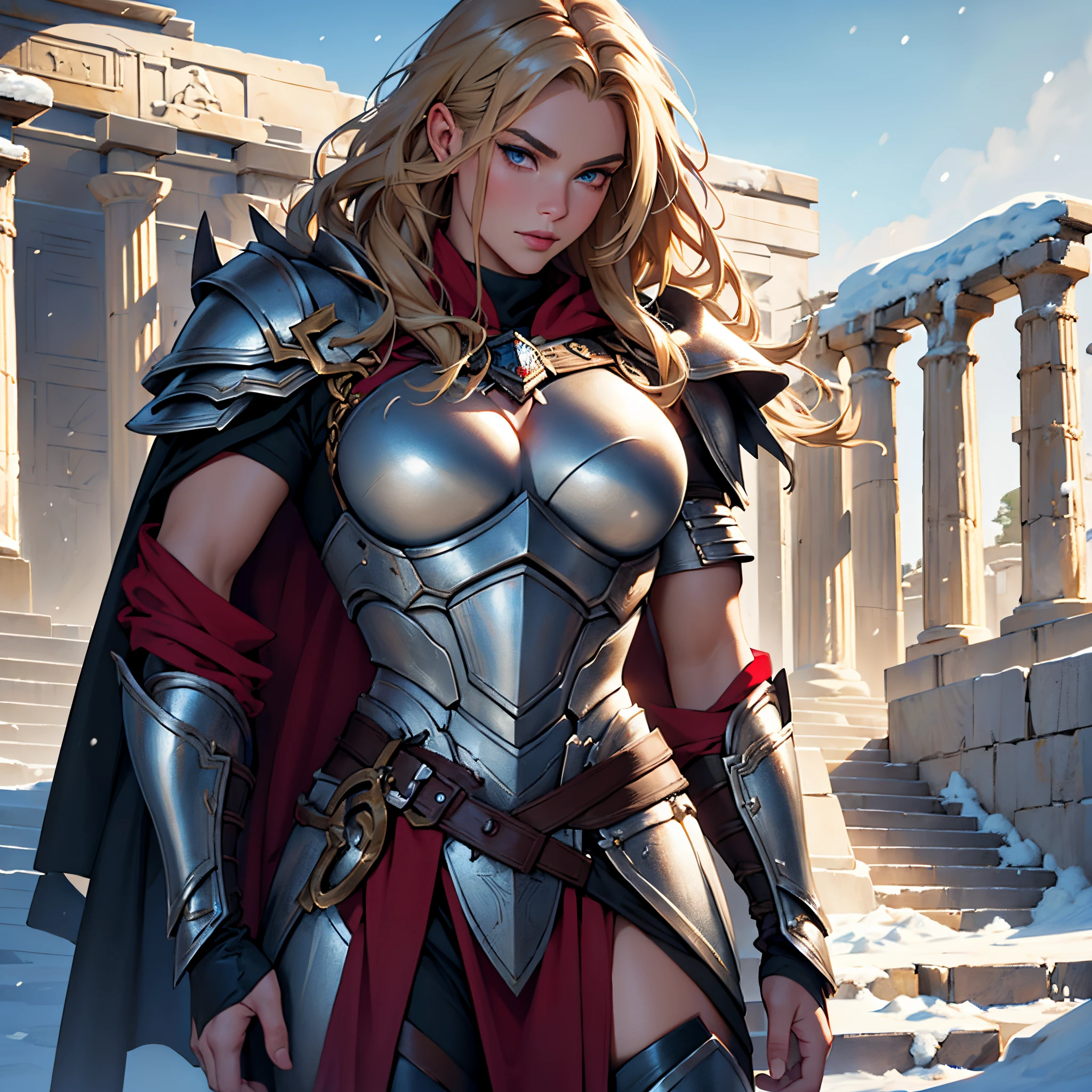 ​masterpiece, Best Quality, 4k, Background with:In front of the snow-covered stairs of a Greek temple with snow-capped mountains in the distance, One female Valkyrie warrior wearing silver armor and dark red cape, neat blonde hair, Stiff look, thin eyebrows, Fantasy, close up portrait photo