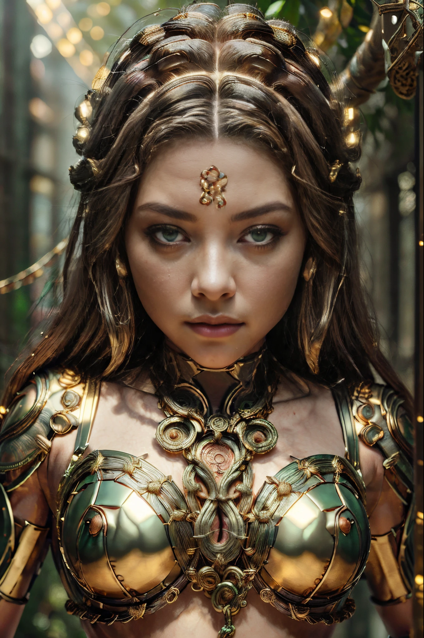 ((best quality)), ((masterpiece)), ((realistic)), Medusa, upper body, hair is composed of countless small snakes, golden metal carved underwear, intricate design, metal chains, green eyes, female face , , trending on artstation, sharp focus, studio photo, intricate detail, very detailed, detailed eye, illustration, very detailed, sharp focus, digital render, professional, 4k