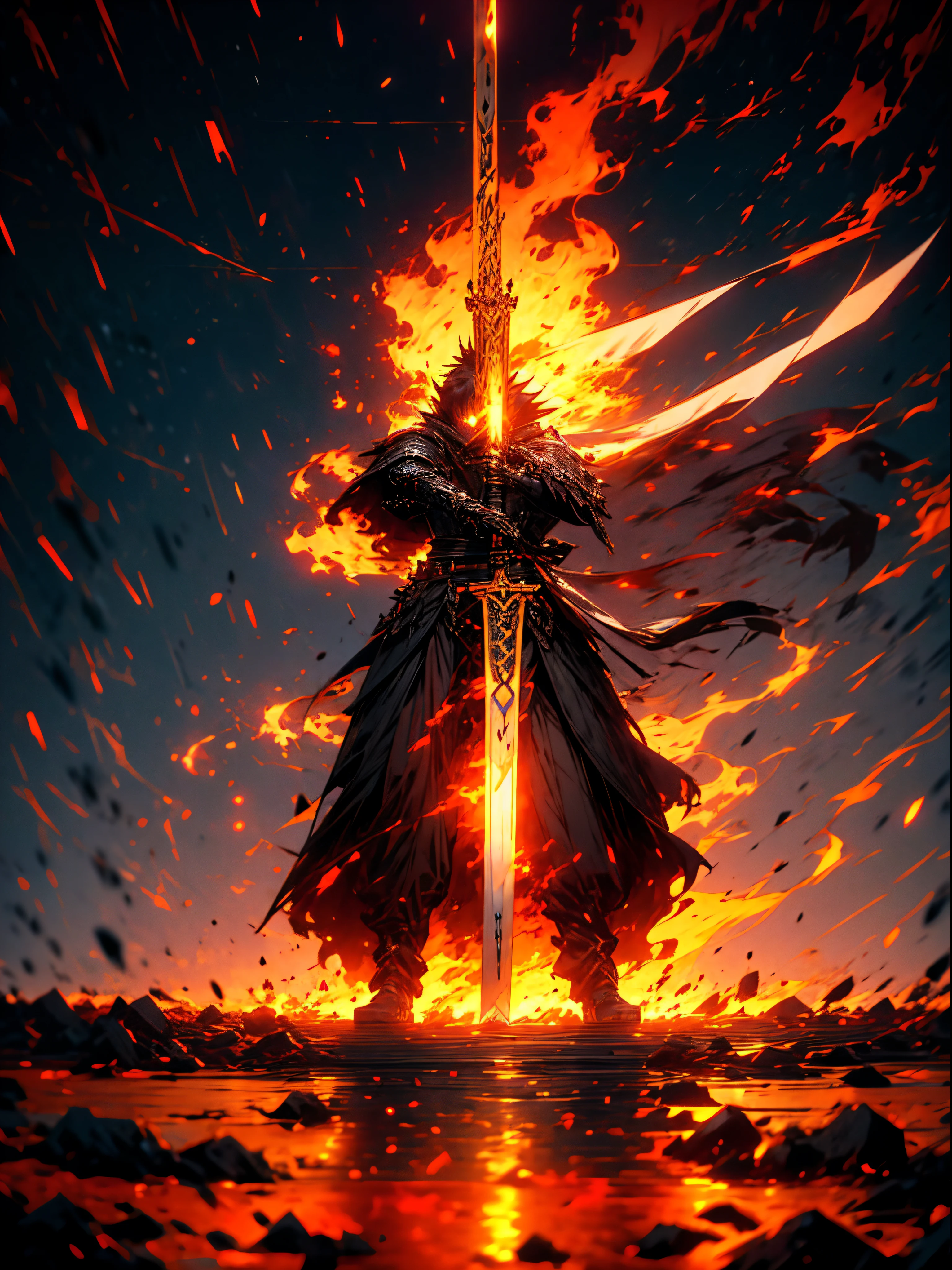 anime character with sword standing in front of a building, fallen knight, from arknights, gothic knight, evil knight, the style of wlop, fantasy knight, knight, royal emperor, dark souls knight, off-white plated armor, wearing heavy armor with cape, black heavy armor with gold trim, smooth anime cg art, artorias, glowing sword