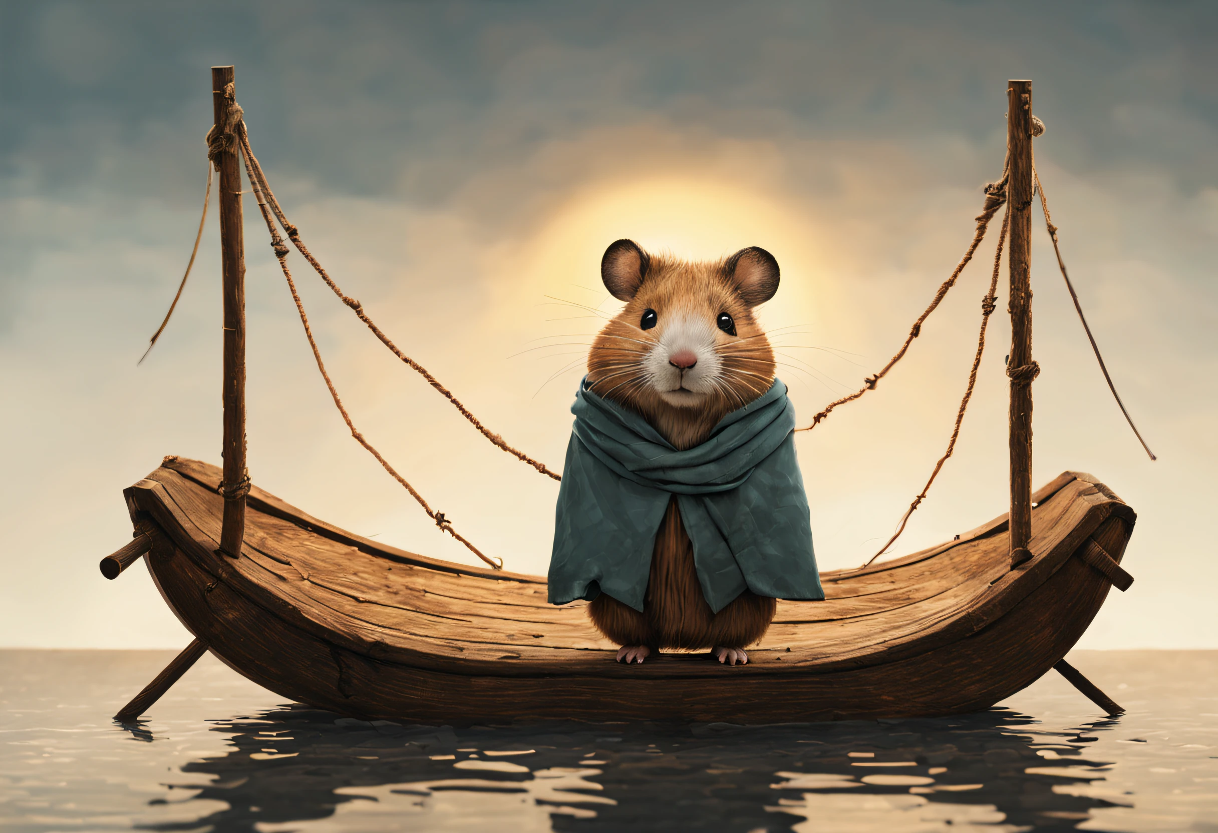 Jon Klassen style , peculiarity, inked-art,，scenography, Very unified CG design,
 (Hamster adventurer standing on a broken raft made of wood and rope）， Wearing very shabby robes，From the movie《The life of pi》, 
Epic fantasy realism,Cinematic，Felicia Simien and Studio Ghibli-style minimalist photography，Produced by Pixar，Maximalism，fine art，电影灯光，negative space，Dark art，ultra-realistic realism，ukiyoe painting，