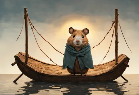 jon klassen style , peculiarity, inked-art,，scenography, very unified cg design,
 (hamster adventurer standing on a broken raft ...