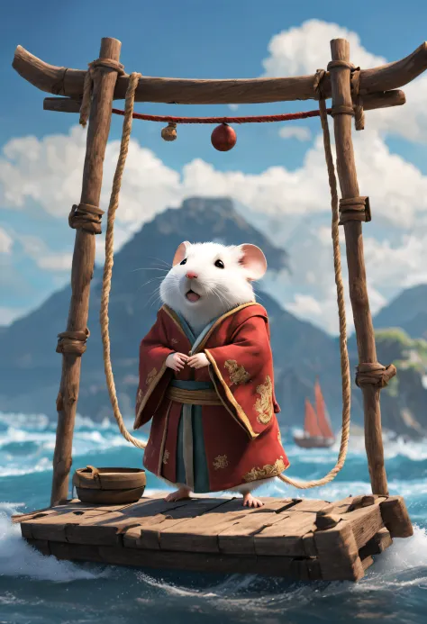 hagi yuan yuan style，scenography, very unified cg design,  (hamster adventurer standing on a broken raft made of wood and rope），...