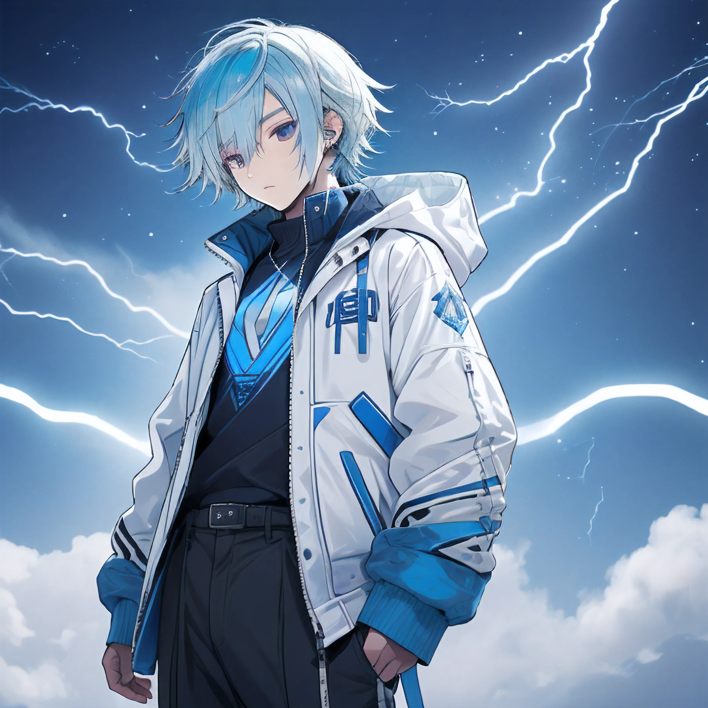 Anime boy with blue hair and white jacket standing in front of 