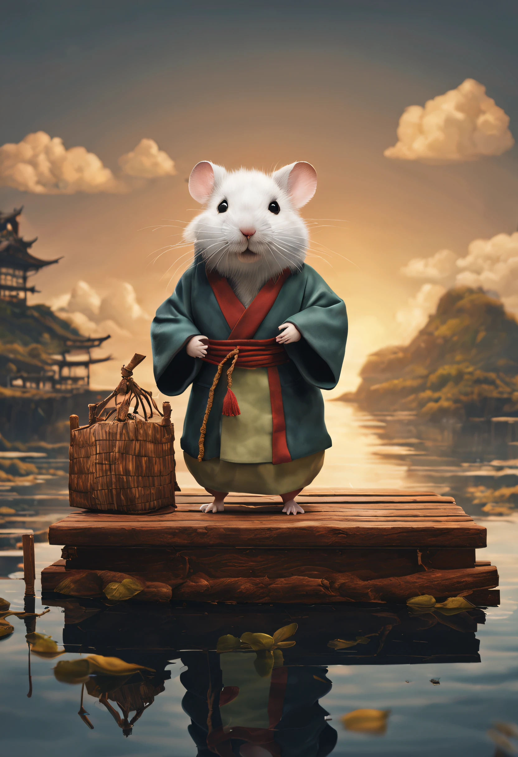 Hagi Yuan Yuan style，scenography, Very unified CG design,  (Hamster adventurer stands on a broken raft made of wood and rope）， Wearing a very shabby robe，,Background with：Fenghai， pixar-style，Felicia Simien and Studio Ghibli-style minimalist photography，Produced by Pixar，Maximalism，fine art，电影灯光，negative space，Dark art，ultra-realistic realism，ukiyoe painting，